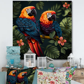 Orange and green Tropical parrots - Parrot Framed Canvas Art